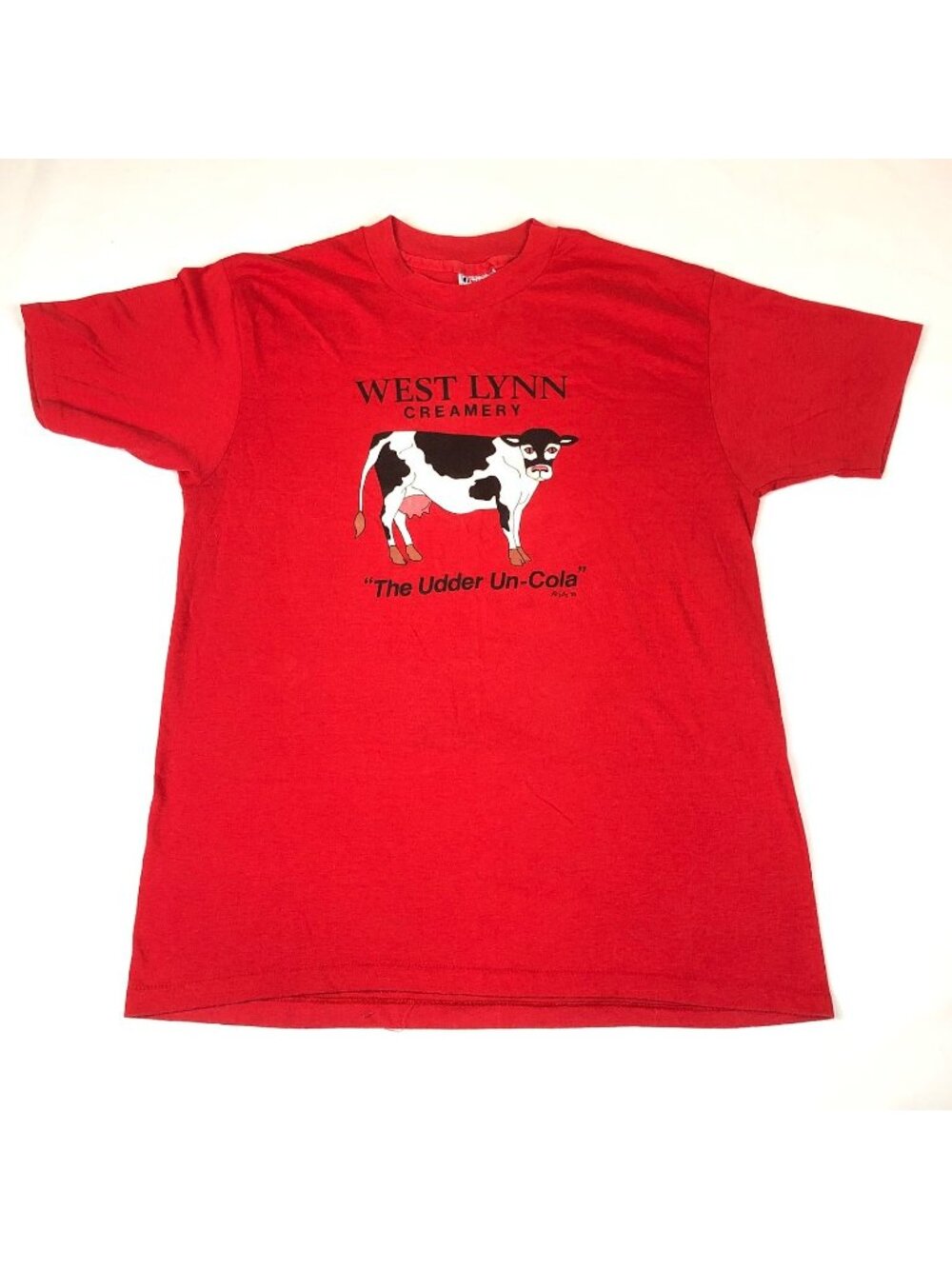 Vinttage West Lynn Creamery 80s The Udder Un-Cola Red T-Shirt Large Dairy Milk